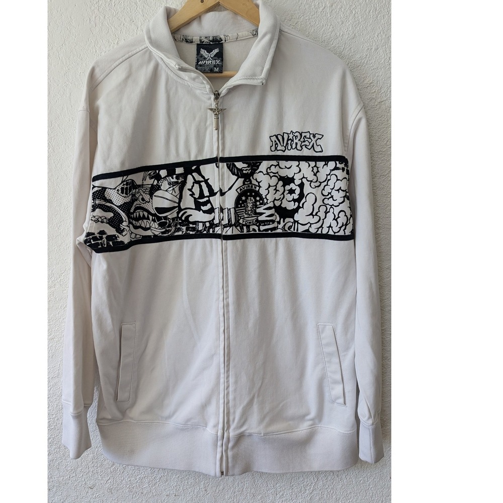 Avirex Mens White Graphic‎ Zip Up Track Jacket Tomcat Comic Print Size M